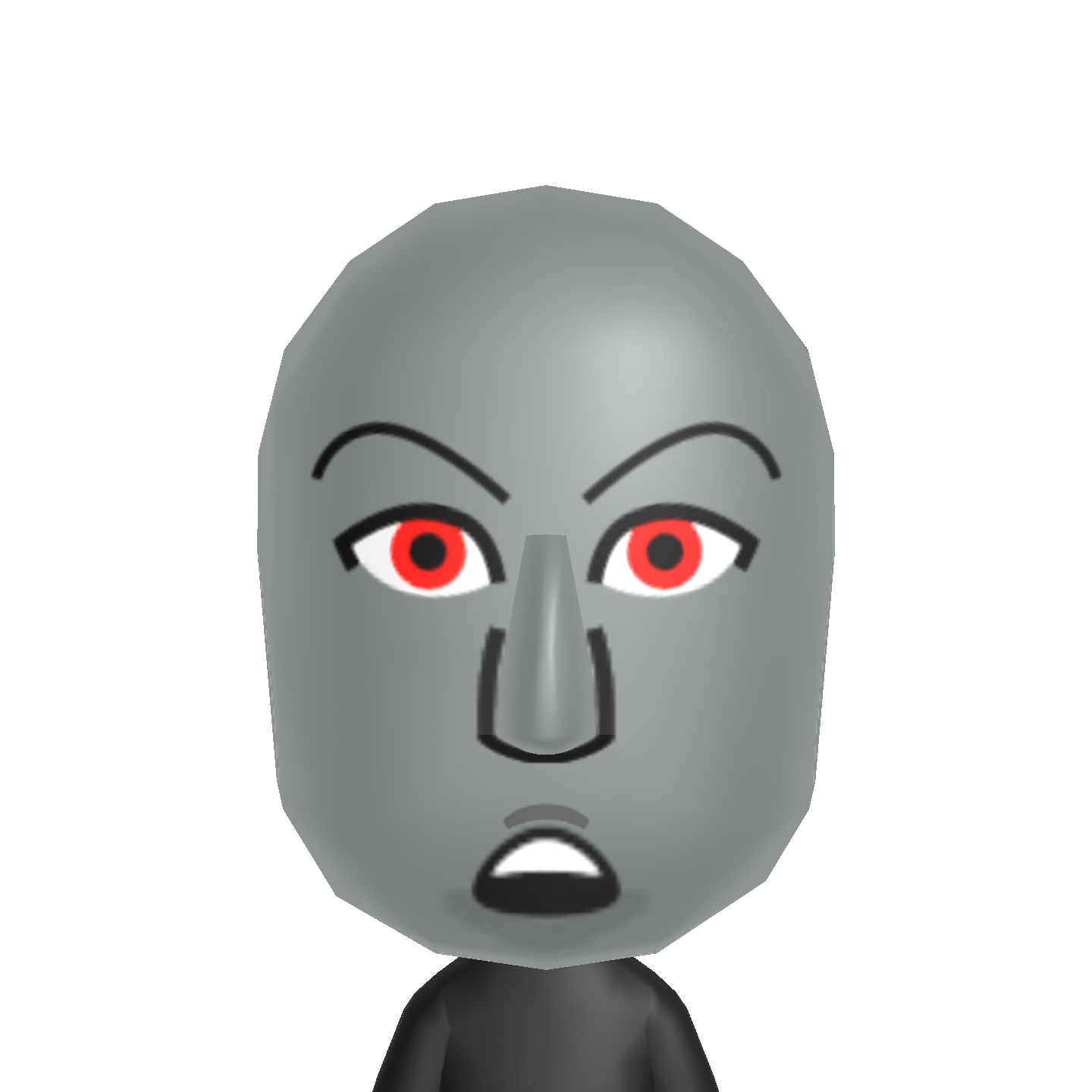 It's an image of Black Diamond recreated in Mii Creator. She is a gray woman with an egg-like face. She has no hair and has markings on the top and bottom of the mouth, which is open and frowning a little in amusement. Her nose is big, looking like a tube. And, her red eyes being serious and her eyebrows frowning are demonstrating a sort of Aura of power to Black Diamond.