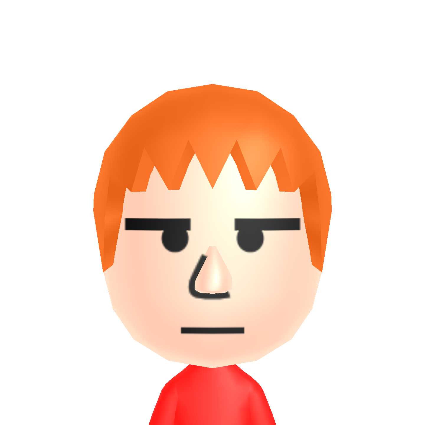 It's a picture of an OC called Gamer 082, recreated in Mii Creator. He is a white male with a rounded face. He's a redhead with short hair coloured orange. The ends of the hair are triangular shaped and facing downwards, making a small [franja]. He has dot eyes with thick black eyebrows covering the very top of the eyes, giving a sort of disappointed look. His nose is round and small, and he's kind of frowning, also in disappointment.