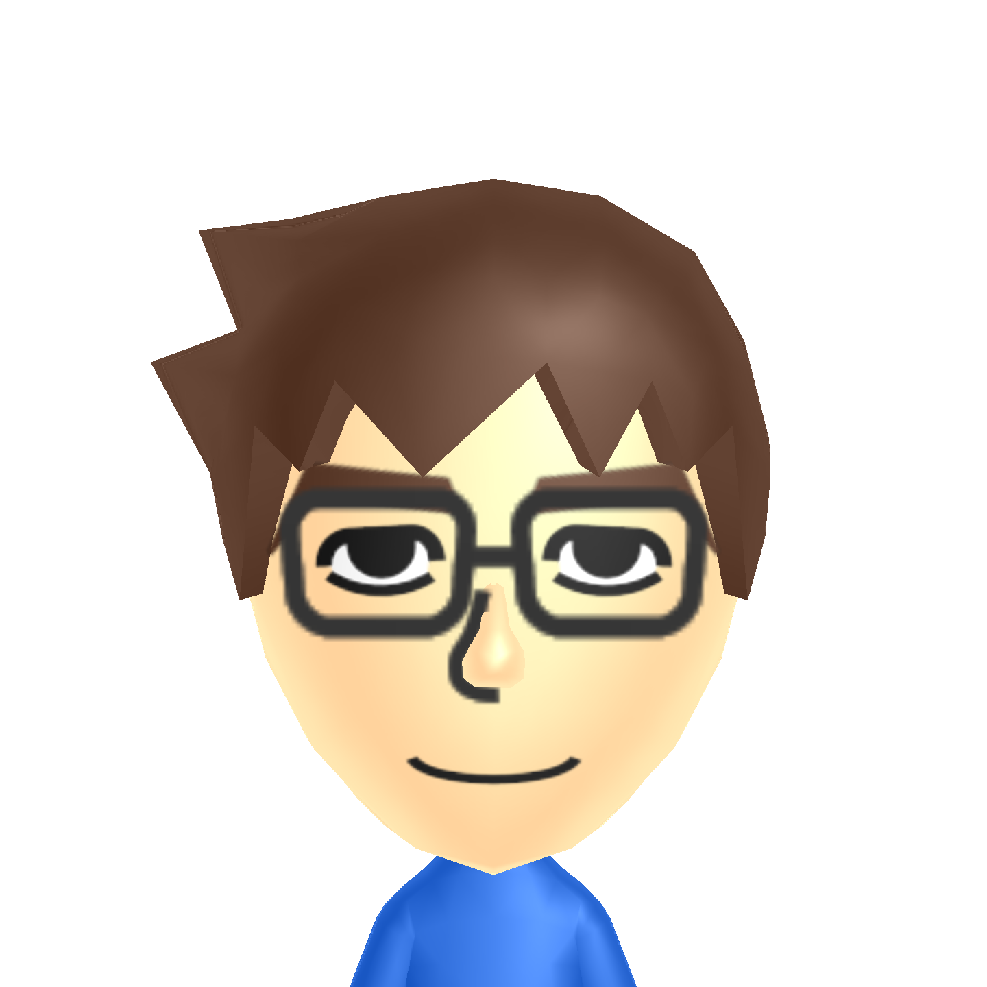 It's an image of Tonals's mii recreated in Mii Creator. He is a white male wearing square-shaped glasses. He has short brown hair, with small fringes. The ends of it are on the middle of the forehead, and, on the back of the head, there is a small triangular chunk of hair pointing to the left. About the face, his eyes look a little tired, relaxing perhaps. His nose is average sized and has pointy edges. Finally, his mouth shows a little smile, contributing to the relaxed state he is in.