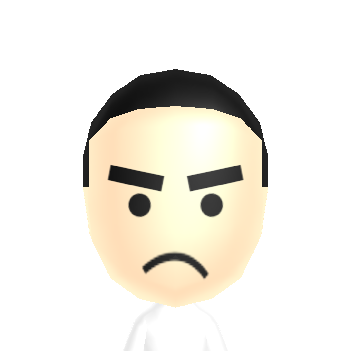 It's a picture of an OC called Zeno, recreated in Mii Creator. He is a white male with rounded head. His hair is pitch black and very short, with a very clear hairline. He has dot eyes and eyebrows facing downwards in anger. He has a rounded nose and has a bg frowning mouth. Clearly a whiney brat.